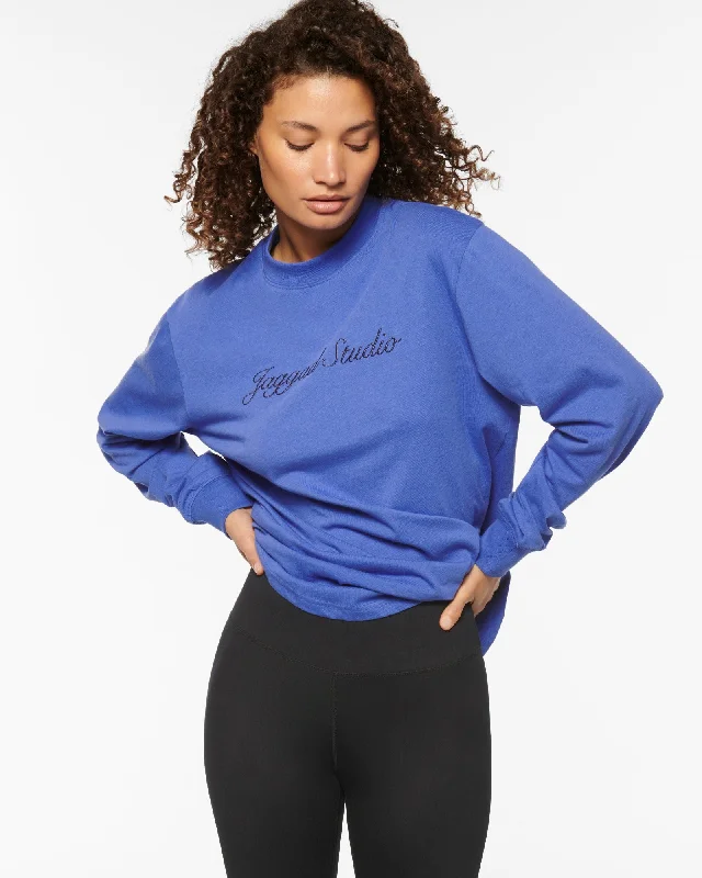 SCRIPT OVERSIZED LONG SLEEVE TEE BLUE Embroidered Appliqued Beaded