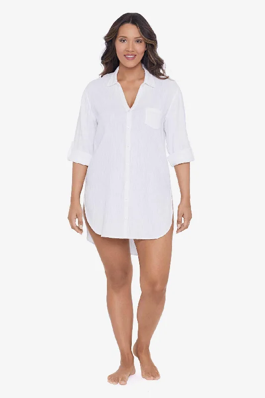 Solid Button Down Beach Shirt - White Anti-Shrink Durable Soft