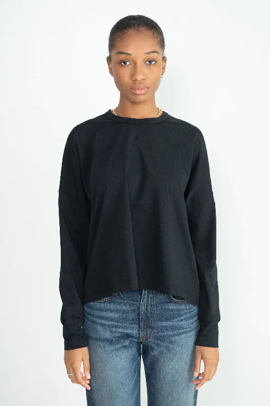 Loop Long Sleeve T-Shirt, Black Notch Collar Peter Pan Collar Cowl Neck