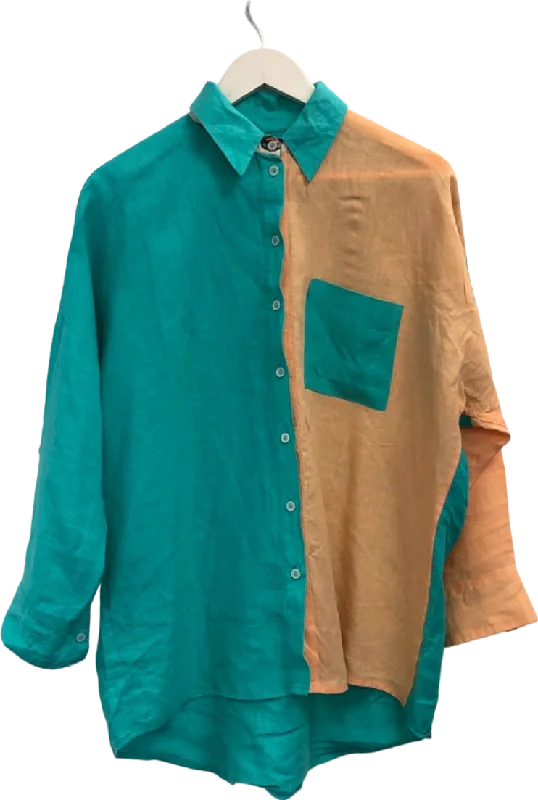 Suits Me Green/Orange Colourblock Linen Sunglasses print Shirt UK XS Welt Pockets Slit Pockets